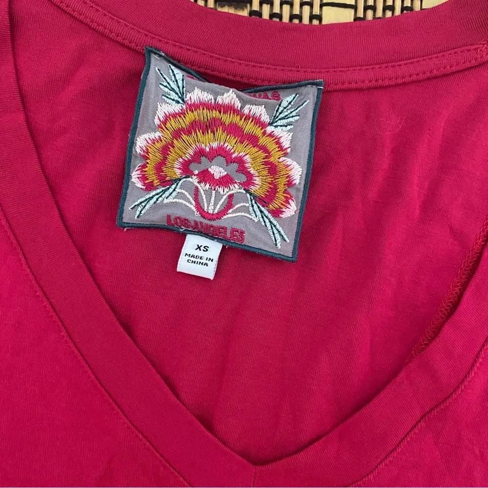 Johnny Was Red V-Neck Top XS Bamboo Blend 3/4 Sleeve Stretch Casual Basic Shirt‎